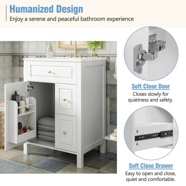 English Elm 24-Inch Bathroom Vanity with Ceramic Sink, Soft-Close Door & Drawers, Gold Handles, Durable Wood Elegance White N729P192078K