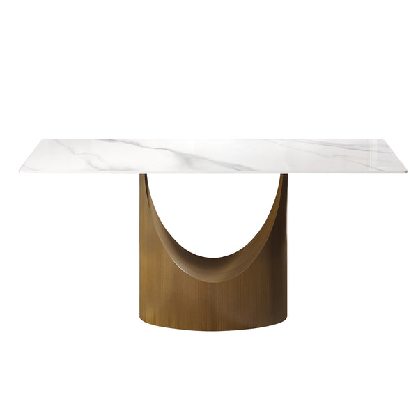 English Elm 63" Modern Dining Table With Durable Sintered Stone Top & Sturdy Bronze Iron Legs For 6-8 People W1535S00548