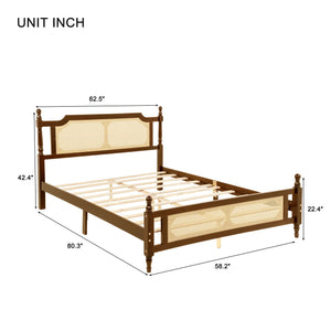 English Elm Queen Pine Bed with Rattan Headboard & Footboard, Walnut Finish, Space-Saving Central Platform Design W504P269833