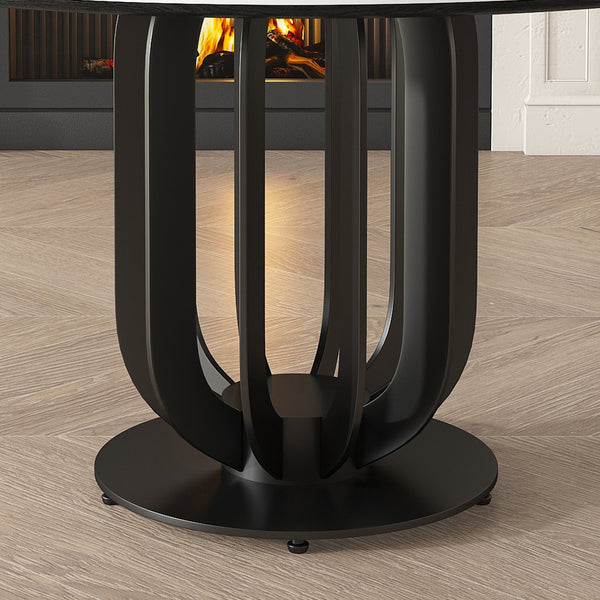 English Elm 53" Round Sintered Stone Dining Table With Lazy Susan & Carbon Steel Base - Modern Kitchen Elegance W2699S00042