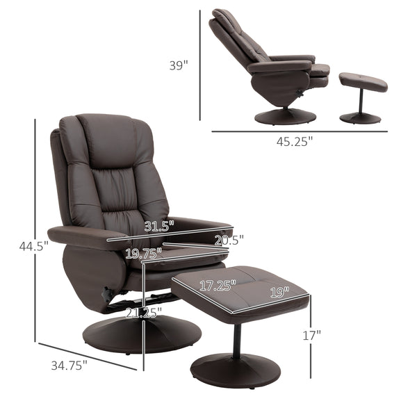 English Elm HOMCOM Swivel Recliner with Ottoman Brown PU Leather 135° Manual Recline High Back Comfort W2225P173979
