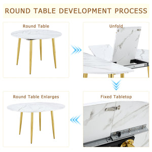 English Elm Table Set Extendable Round Oval Mdf White Gold Legs Six Pu Chairs Modern Dining W1151S03955