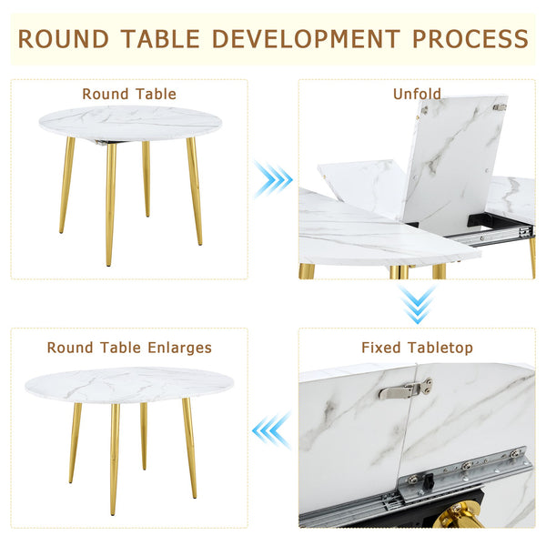 English Elm Table Set Extendable Round Oval Mdf White Gold Legs Six Pu Chairs Modern Dining W1151S03955