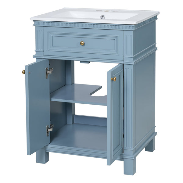 English Elm 24'' Carved Farmhouse Bathroom Vanity with Ceramic Sink Soft Close Storage Cabinet Indigo Blue N710P446530M