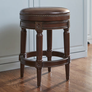 English Elm 26in. Faux Leather Swivel Barstool Nailhead Trim Carved Wood Counter Height Kitchen B2751P436436