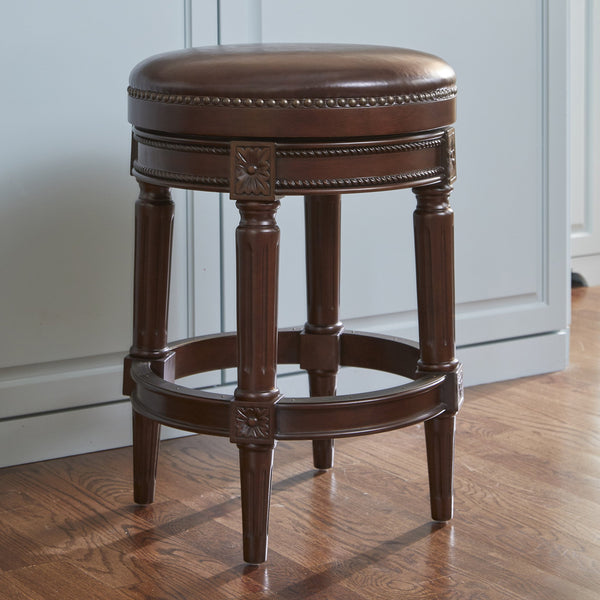 English Elm 26in. Faux Leather Swivel Barstool Nailhead Trim Carved Wood Counter Height Kitchen B2751P436436