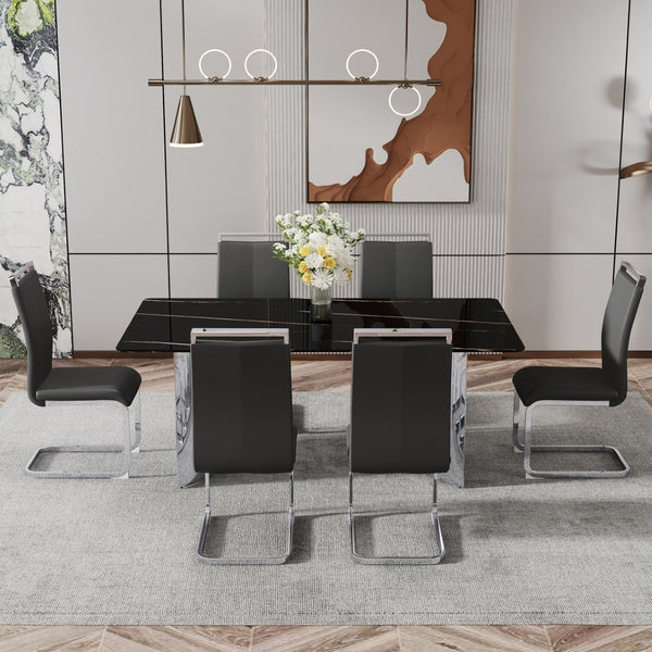 English Elm Table With Glass Top & 6 Black Pu Chairs - Modern Marble Design, Stainless Steel Legs, Easy Clean W1151S02608-GIGA