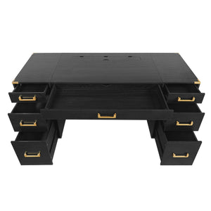 English Elm 70" Executive Writing Desk with Gold Metal Trim Seven Drawers and Built-in Power Outlets N751S376579B