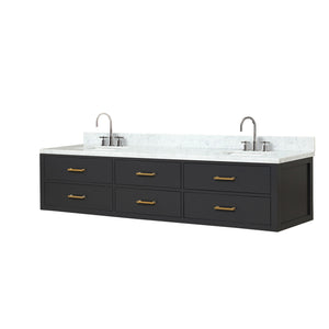 English Elm Black Double Bath Vanity 84" W x 22" D with Carrara Marble Top, Chrome Gooseneck Faucets, Soft-Close cabinetry B2731P258138