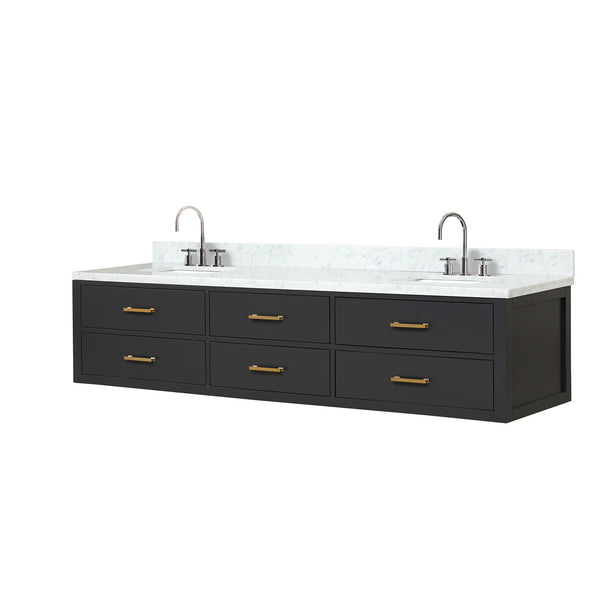 English Elm Black Double Bath Vanity 84" W x 22" D with Carrara Marble Top, Chrome Gooseneck Faucets, Soft-Close cabinetry B2731P258138