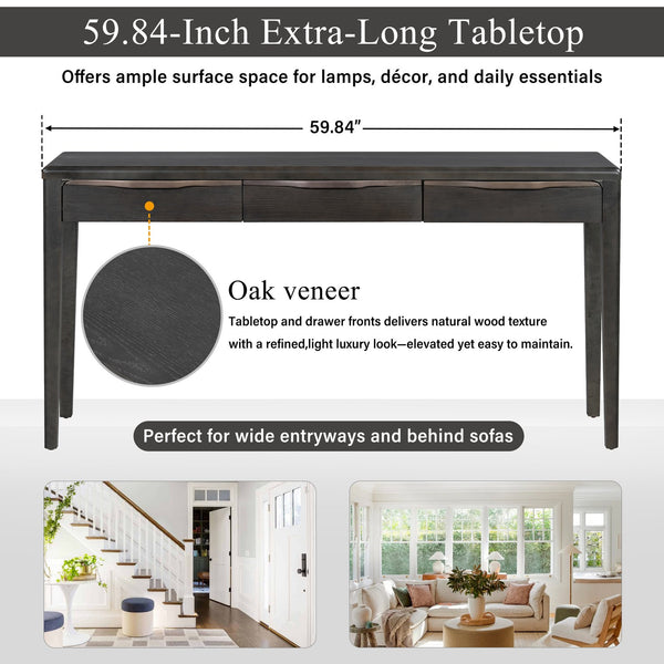 English Elm U_style Oak Veneer Console Table with Three Wave Drawers for Entryway or Foyer Black N711P401926B