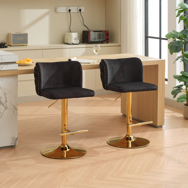 English Elm A&A Velvet Tufted Swivel Barstool with Ergonomic Back and Gold-Plated 17.7" Base, Set of 2 Black W1143P204044