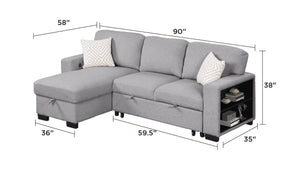 English Elm Pinto Reversible Sectional Sofa with Sleeper, Storage Chaise, Drop-Down Tray, USB Ports, Shelves Gray B009S01471