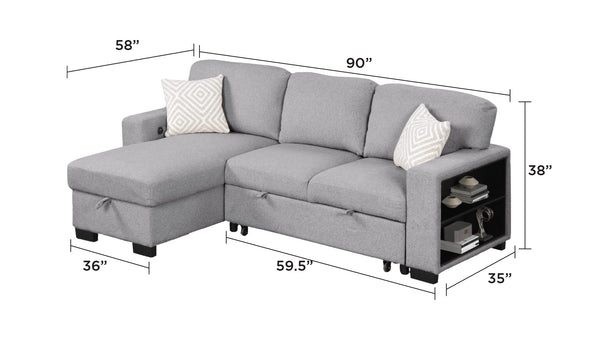 English Elm Pinto Reversible Sectional Sofa with Sleeper, Storage Chaise, Drop-Down Tray, USB Ports, Shelves Gray B009S01471
