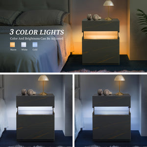 English Elm Led Nightstand with Rgb Acrylic Glow Panel Three Drawers Walnut Bedroom Table Grey+Gold W2178P412302