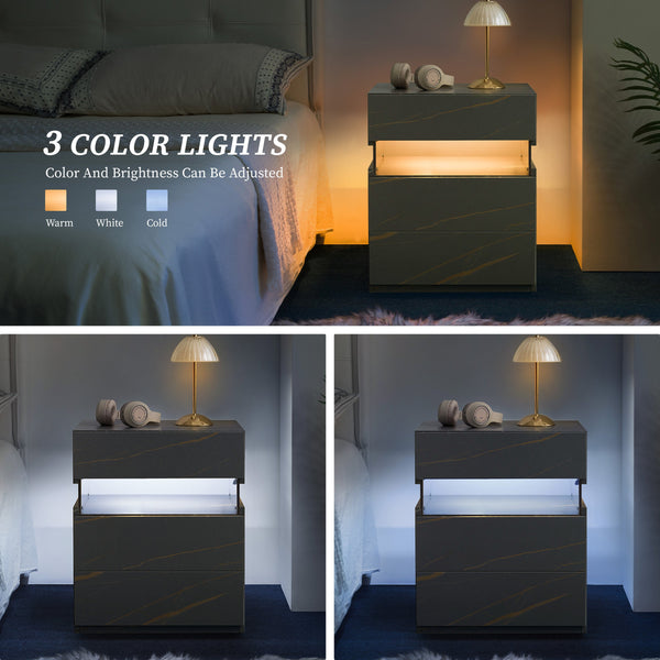 English Elm Led Nightstand with Rgb Acrylic Glow Panel Three Drawers Walnut Bedroom Table Grey+Gold W2178P412302