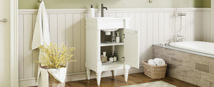 English Elm 18-Inch Modern Bathroom Vanity with Sink Compact Retro Design Durable MDF & Solid Wood Legs Storage-Friendly White N710P257401K