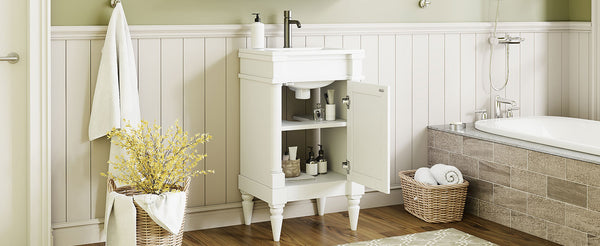 English Elm 18-Inch Modern Bathroom Vanity with Sink Compact Retro Design Durable MDF & Solid Wood Legs Storage-Friendly White N710P257401K