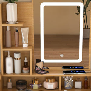 English Elm Vanity compact dressing desk with LED mirror, 3-color dimmable lights, drawers, stool, outlet Wood W2699P345799