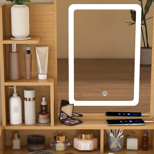 English Elm Vanity compact dressing desk with LED mirror, 3-color dimmable lights, drawers, stool, outlet Wood W2699P345799