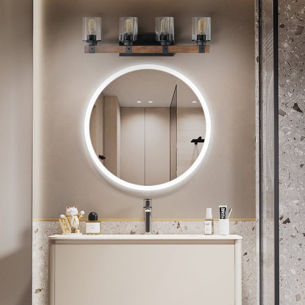 English Elm 27" Rustic 4-Light Vanity Light with Clear Glass Shades and Wood Accent, Industrial Farmhouse Glow W2312P374783