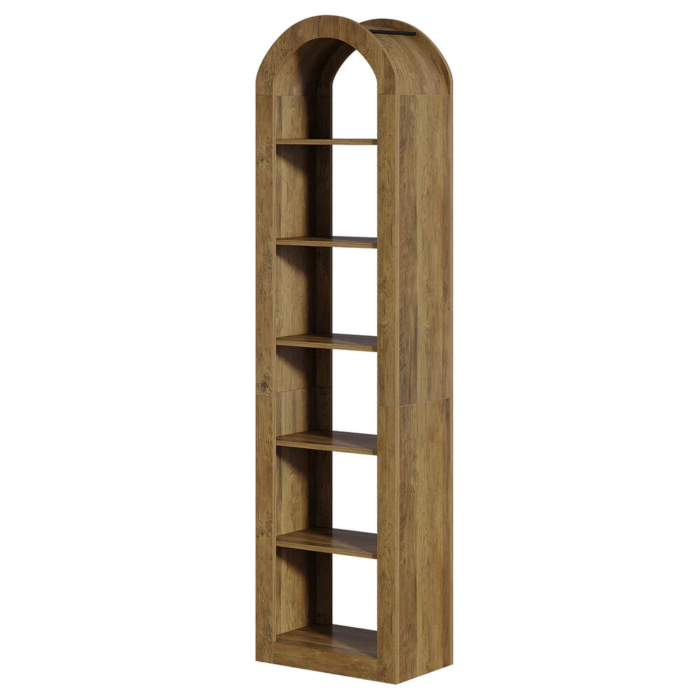 English Elm Open Arched Bookcase Six Tier Slim Natural Wood Finish Display Shelf for Any Room T3971P462366