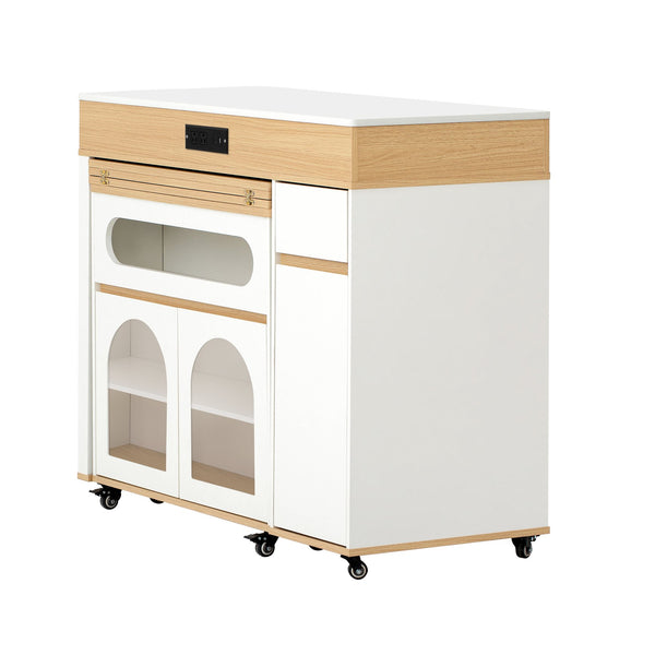 English Elm Trexm Rolling Kitchen Island Extendable Marble Top Cabinet Drawers Power Outlet Creamy White,Natural XW000029AAN