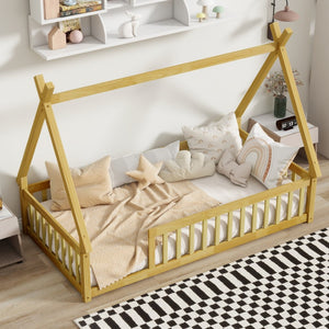 English Elm Twin Tent-Shaped Floor Bed With Guardrails – Cozy Teepee Design For Safe, Imaginative Sleep Space W504P345777-GIGA