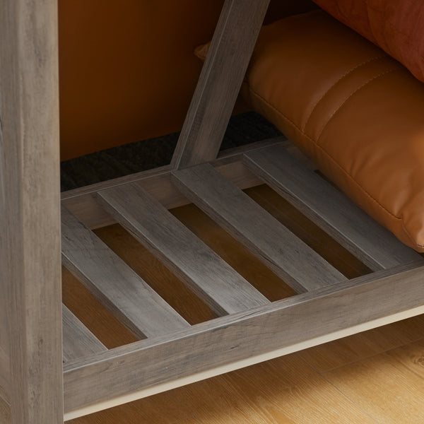 English Elm HOMCOM Farmhouse Console Table with Slatted Shelf and Anti-Tip Hardware Rustic Entryway Accent Gray W2225P217211