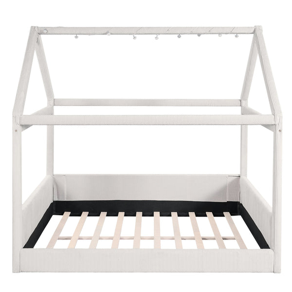 English Elm Full Size Upholstered House Daybed With Led Lighting, Cozy Beige Corduroy For Kids & Guests N7500001335A