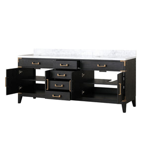 English Elm Black Oak Double Bath Vanity With Carrara Marble Top - Elegant Storage Solution For Your Bathroom B2731P260961