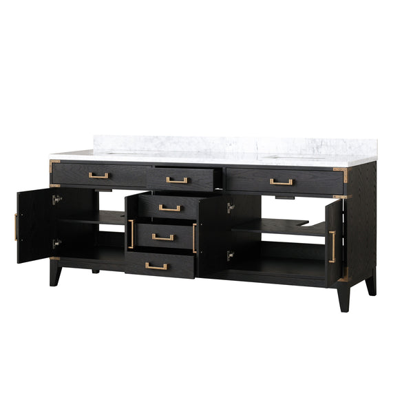 English Elm Black Oak Double Bath Vanity With Carrara Marble Top - Elegant Storage Solution For Your Bathroom B2731P260961