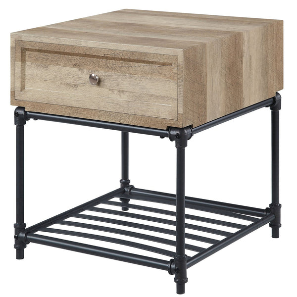 English Elm Oak Industrial-Rustic End Table With Slatted Shelf & Storage Drawer For Living Room Or Bedroom Decor B062P186444