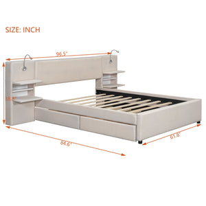 English Elm Queen Linen Upholstered Platform Bed with Storage Drawers, Trundle, Flip-Up Headboard & Lights Beige SF000187AAA