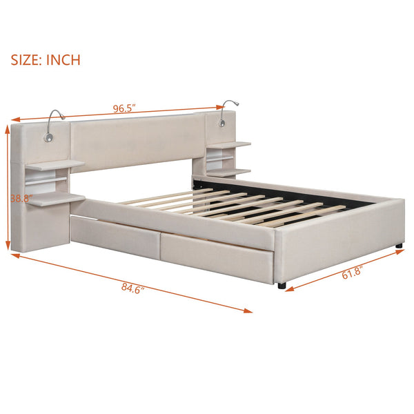 English Elm Queen Linen Upholstered Platform Bed with Storage Drawers, Trundle, Flip-Up Headboard & Lights Beige SF000187AAA