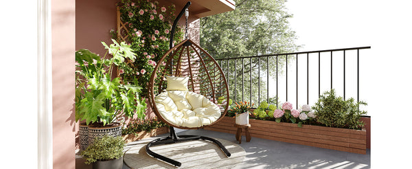 English Elm U_style Wicker Hanging Egg Chair with Stand Foldable Indoor Outdoor Swing Seat Brown+Beige N711P389502K