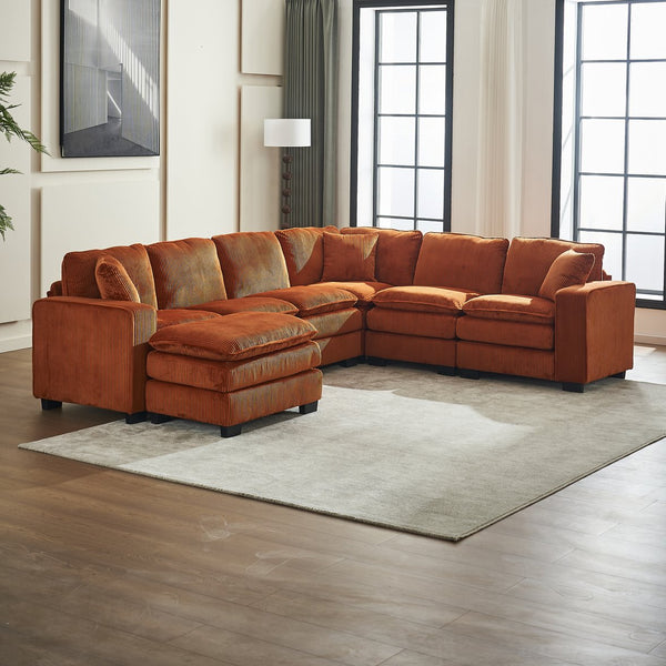 English Elm Modern U Shaped 6-Seat Sectional Sofa with Ottoman and 3 Toss Pillows, Corduroy Modular Comfort and Durable Frame Orange W2363S00043
