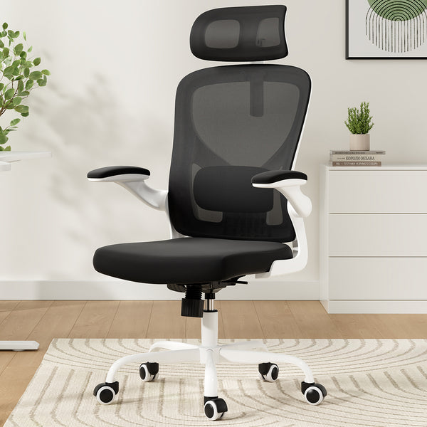 English Elm Ergonomic Office chair with adjustable headrest and lumbar support, breathable mesh, space-saving design Black,White T3623P368416