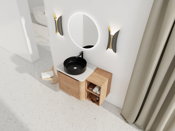 English Elm 36'' Wall-Mounted Bathroom Vanity With Ceramic Vessel Sink, Soft-Close Door & Stylish Storage Shelves W999S00407