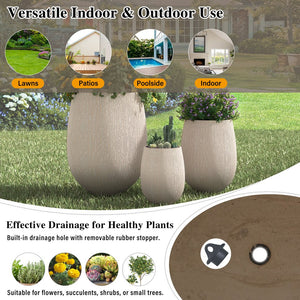 English Elm U_style Egg Shaped Mgo Stone Look Planters Set of 3 Sculptural Pots for Patio Garden N711P406659A