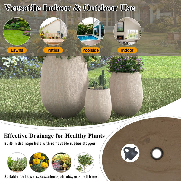 English Elm U_style Egg Shaped Mgo Stone Look Planters Set of 3 Sculptural Pots for Patio Garden N711P406659A