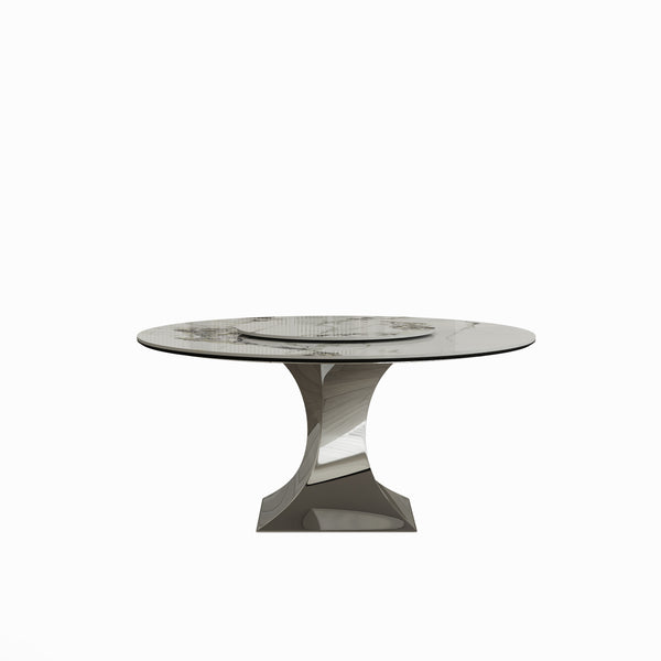 English Elm 59" Round Sintered Stone Dining Table Set With Stylish Black Titanium Base & 6 Padded Chairs For Luxury Dining W2700S00052