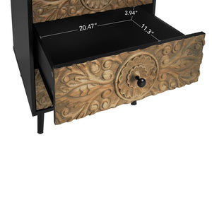 English Elm 3 Drawer Solid Wood Cabinet Hand Carved Relief Fronts Pine Feet Bedroom Storage W688138033