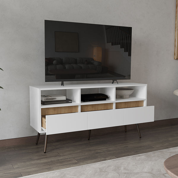 English Elm Aranjuez TV Stand 47" with 3 Drawers & 3 Open Shelves, Open-Back Cable Management, Oak/White B200P253753