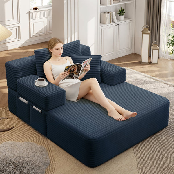 English Elm Luxurious Corduroy Convertible Chaise Lounge Sofa Bed with Storage and Coil Spring Foam Blue W3219P483087