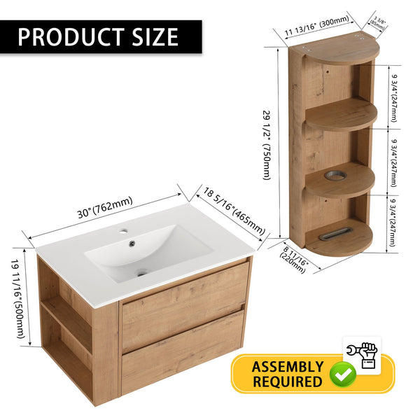 English Elm 30" Wall-Mounted Bathroom Vanity With Ceramic Sink, 2 Soft-Close Drawers & Space-Saving Rack W999S00343