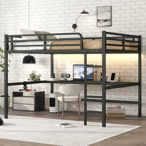 English Elm Metal Queen Loft Bed With Integrated Desk, Power Outlet & Led Lights - Space-Saving Black Design W1580S00107