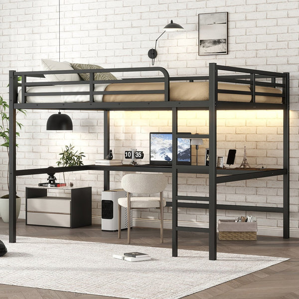 English Elm Metal Queen Loft Bed With Integrated Desk, Power Outlet & Led Lights - Space-Saving Black Design W1580S00107