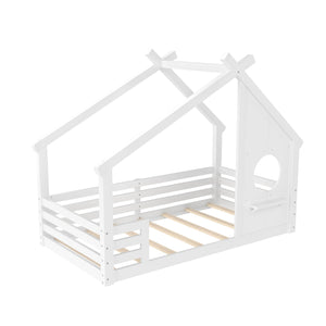 English Elm Twin House Bed Low Profile Pine Wood Frame with Shelf Montessori Kids Floor Sleeping White W5305P429642