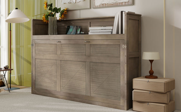 English Elm Twin XL Murphy Bed with Desk, LED Lighting and USB Charging Station — Space-Saving Solid Pine Design Gray Wash N7090005001N